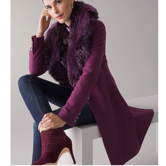 White House Black Market Jackets & Blazers - WHBM FAUX FUR COLLAR PLUM STATEMENT COAT
